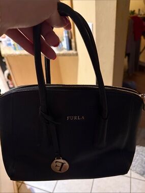 Furla Black Leather Satchel with Gold Charm